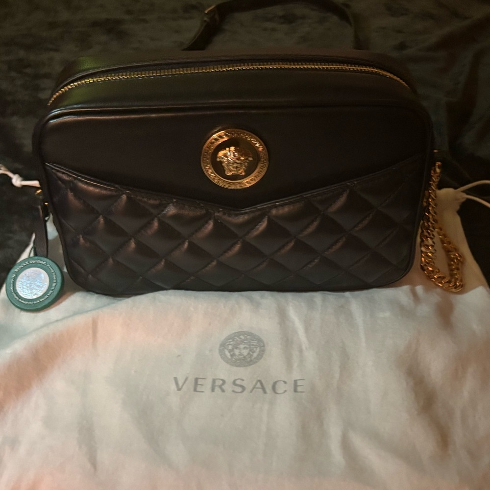 Versace Black Quilted Crossbody Bag with Gold Accents